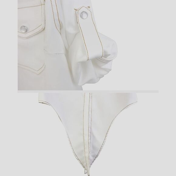 AMEBELLE Roll Up 3/4 Sleeve Tie Front Knot Shirt Chambray Denim Crop Top Sz M - Picture 3 of 9